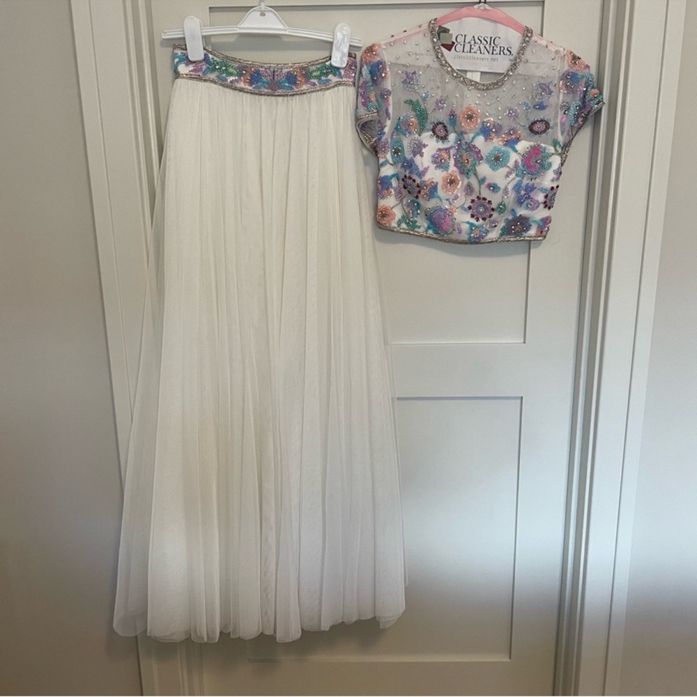 Sherri Hill White Two-Piece Embellished Prom Skirt and Crop Top